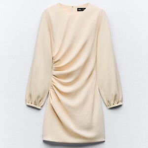 Zara Beige Side Ruched Mini Dress